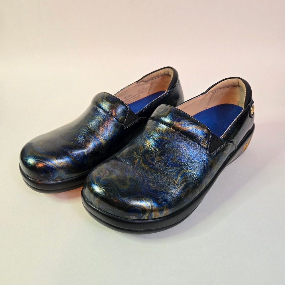 Alegria Kelly KEL-675 Blue Oil Slick Swirl Leather Clogs Professional Shoes 37